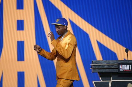 Jul 29, 2021; Brooklyn, New York, USA; Jo<em></em>nathan Kuminga (G League Ignite) walks off the stage after being selected as the number seven overall pick by the Golden State Warriors in the first round of the 2021 NBA Draft at Barclays Center. Mandatory Credit: Brad Penner-USA TODAY Sports