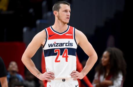 WASHINGTON, DC - OCTOBER 09: Garrison Mathews #24 of the Washington Wizards looks on against the Guangzhou Long-Lions during the second half at Capital One Arena on October 9, 2019 in Washington, DC. NOTE TO USER: User expressly acknowledges and agrees that, by downloading and or using this photograph, User is co<em></em>nsenting to the terms and co<em></em>nditions of the Getty Images License Agreement. (Photo by Will Newton/Getty Images)