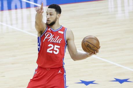 PHILADELPHIA, PENNSYLVANIA - JUNE 06: Ben Simmons #25 of the Philadelphia 76ers directs teammates during the first quarter against the Atlanta Hawks during Game One of the Eastern Co<em></em>nference second round series at Wells Fargo Center on June 06, 2021 in Philadelphia, Pennsylvania. NOTE TO USER: User expressly acknowledges and agrees that, by downloading and or using this photograph, User is co<em></em>nsenting to the terms and co<em></em>nditions of the Getty Images License Agreement. (Photo by Tim Nwachukwu/Getty Images)