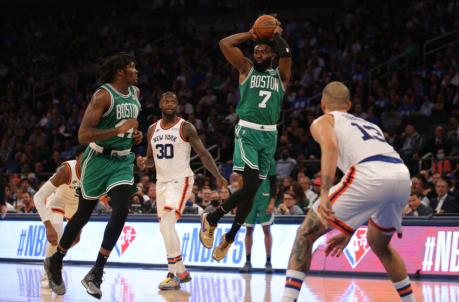 Oct 20, 2021; New York, New York, USA; Boston Celtics guard Jaylen Brown (7) looks to pass against the New York Knicks during the third quarter at Madison Square Garden. Mandatory Credit: Brad Penner-USA TODAY Sports