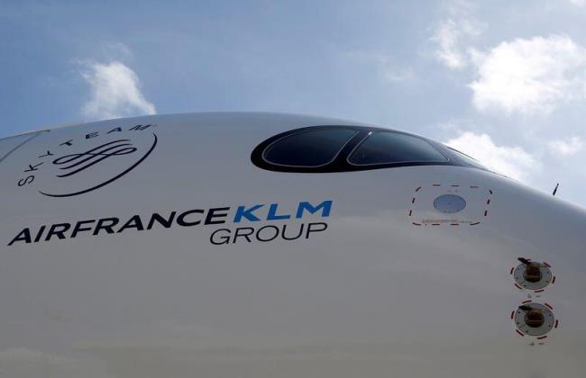 Logo of Air France KLM Group is pictured on the first Air France airliner's Airbus A350 during a ceremony at the aircraft builder's headquarters of Airbus in Colomiers