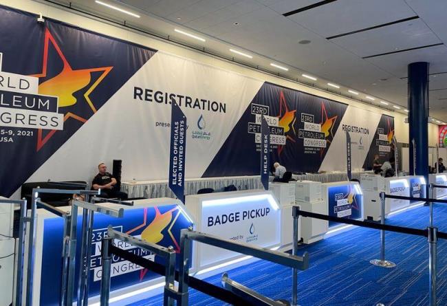 A view of a quiet registration desk for the World Petroleum Co<em></em>ngress in Houston, Texas, U.S. on December 5, 2021 as organizers grappled with the fallout of new virus travel restrictions