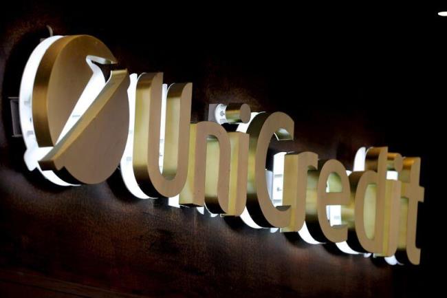 Unicredit bank logo is seen in the old city centre of Siena