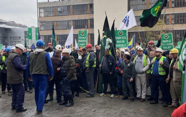 Coal miners are seen during protest in Sarajevo