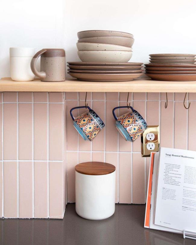 light pink cabinets and pink fridge