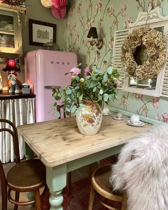 pink fridge and wallpaper pattern