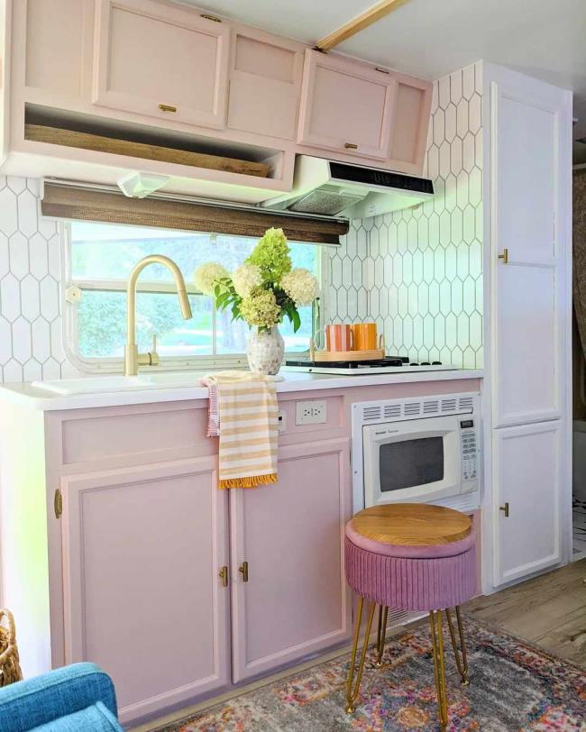 pink stool in kitchen