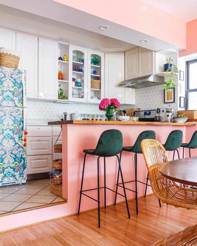 pink island in kitchen