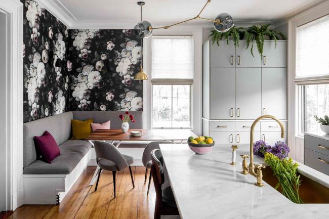 Dark floral wallpaper in a kitchen.