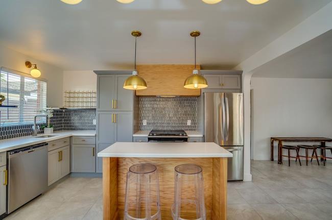 gray, white, and natural wood kitchen