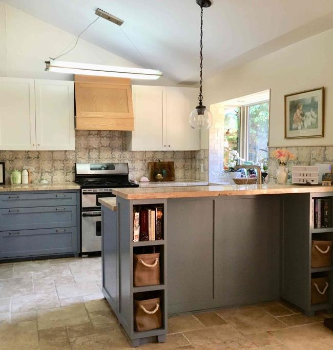 gray Spanish kitchen with butcher block counters