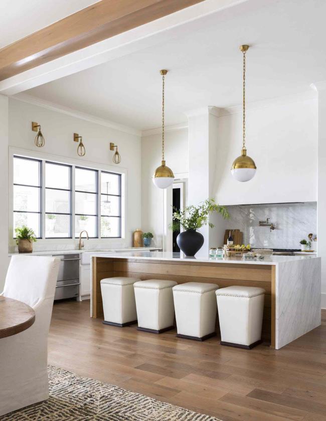 Waterfall countertop with wood inlay