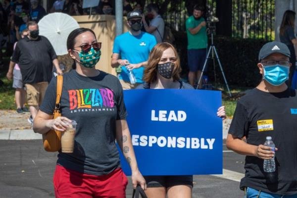 Activision Blizzard employees staging a walkout and rally in Irvine, California, on July 28, 2021.