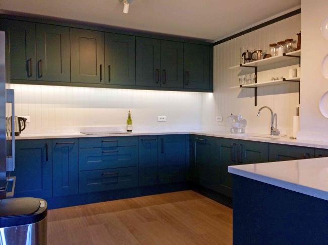 green and blue kitchen cabinets