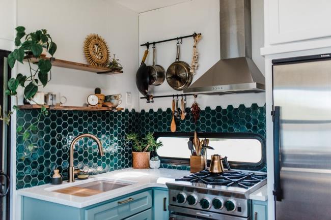 handcrafted green hexagon backsplash