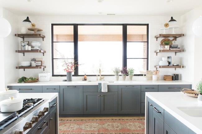 Kitchen with gray-blue cabinets