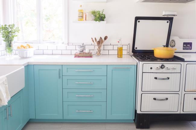 Robin egg blue kitchen cabinets