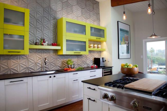 Kitchen with lime green cabinets