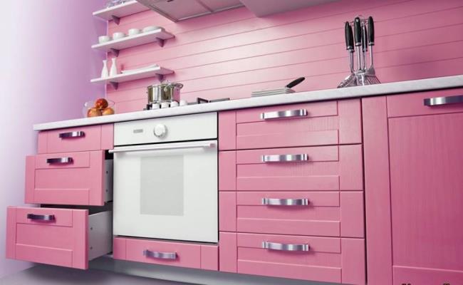 Pink beadboard kitchen