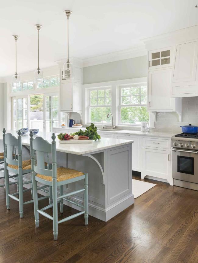 pale kitchen with light blue chairs