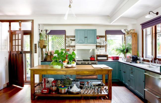 kitchen with purple and teal accents