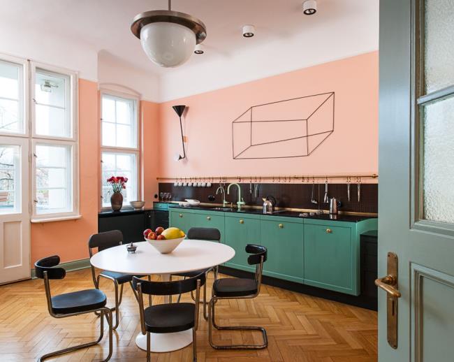 green and pink kitchen