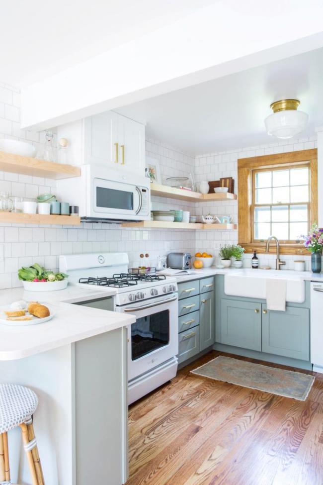 pastel kitchen with open shelving