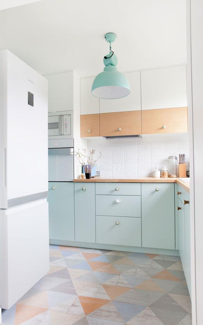 kitchen with mint green cabinets