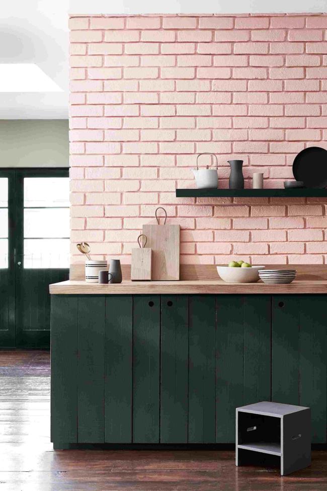 kitchen with pink bricks