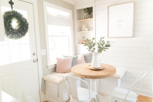 Breakfast nook with white and pink palette