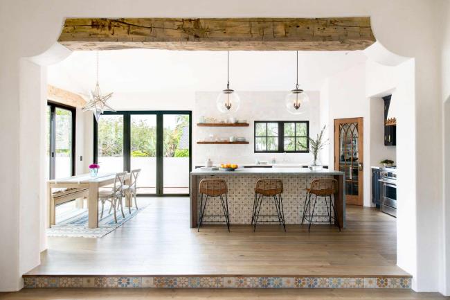 Blue kitchen with beams