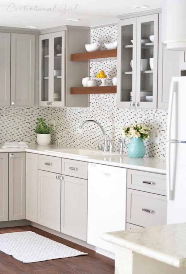 gray kitchen with light backsplash