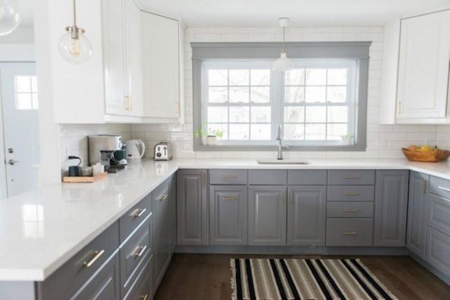 kitchen with gray cabinets