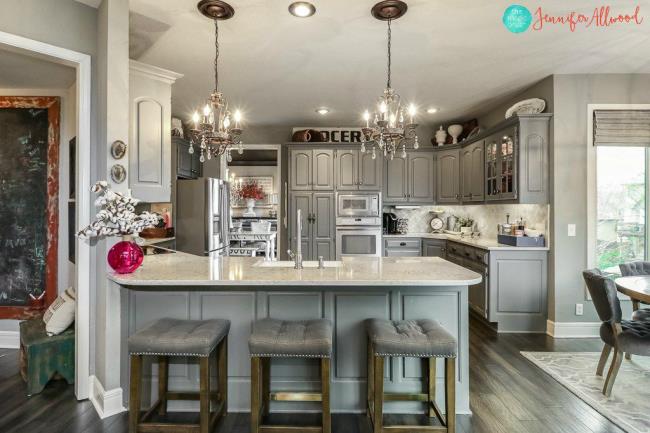 large kitchen with gray cabinets