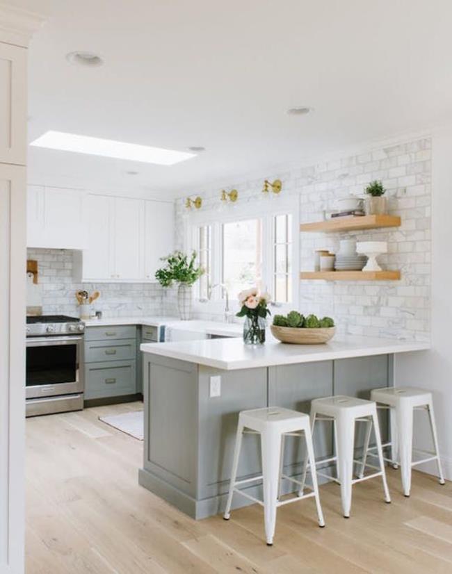 kitchen with white and gray cabinets