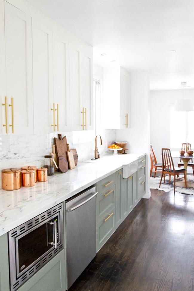 kitchen with gray green cabinets