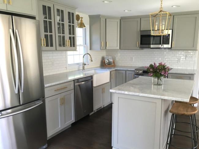 gray kitchen with marble