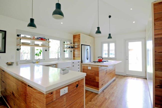 Thick solid surface countertop in rustic kitchen