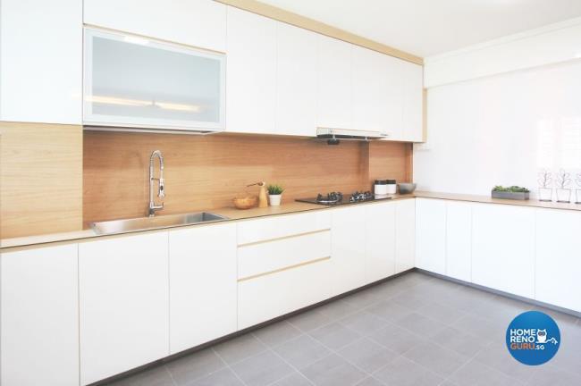 neutral kitchen with wood backsplash