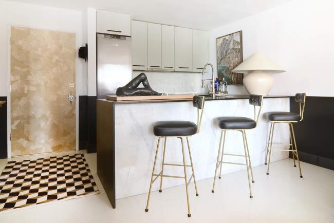 sleek modern mint green and marble kitchen