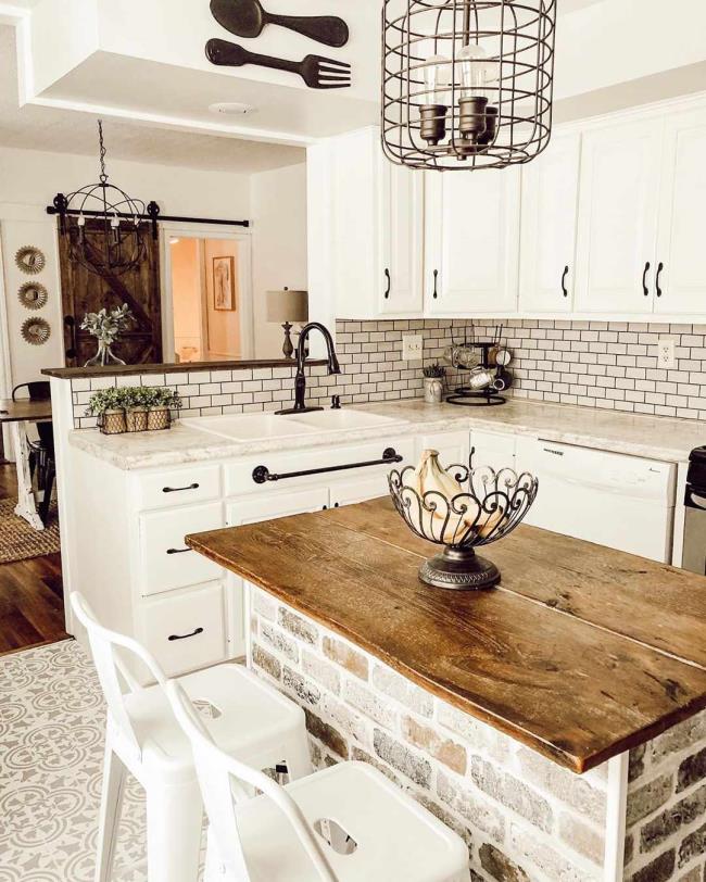 Kitchen island made from brick and wood