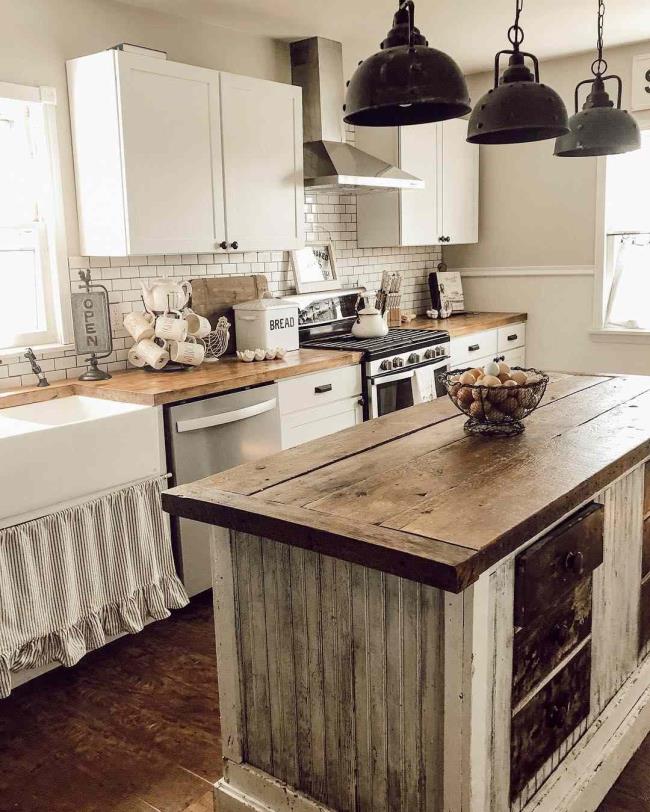 Rustic kitchen with a large wooden kitchen island