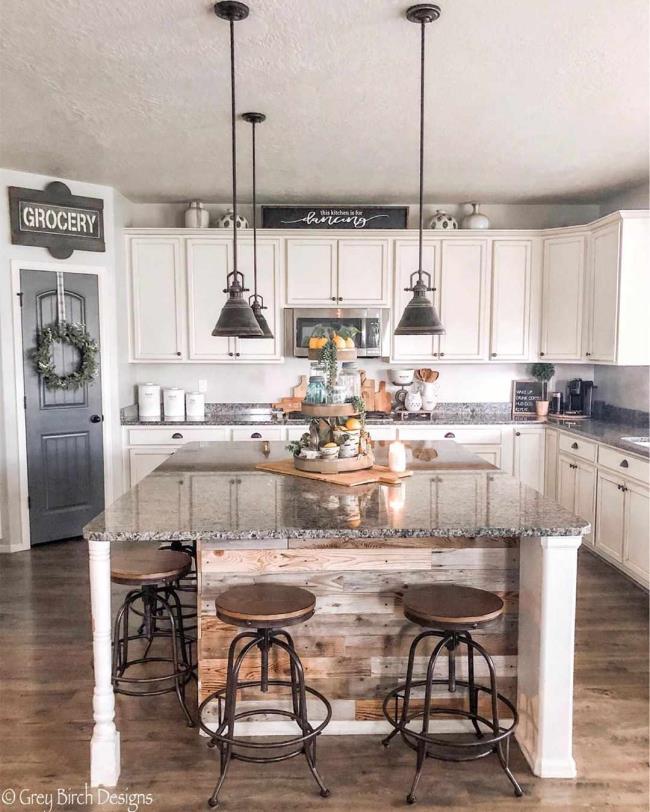 large kitchen island with rustic stools