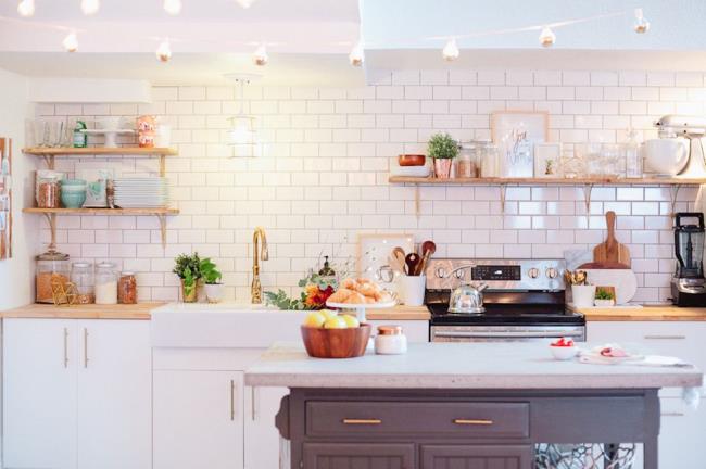 kitchen with cafe lights strung