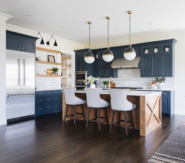 blue kitchen with subway tile