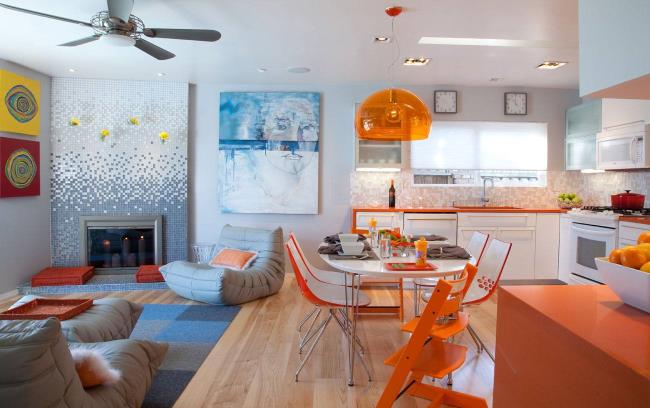 Green accents on the ceiling in a white kitchen.