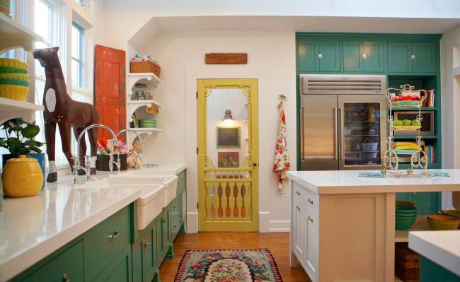 Country kitchen with turquoise cabinets, yellow door, and white counters.