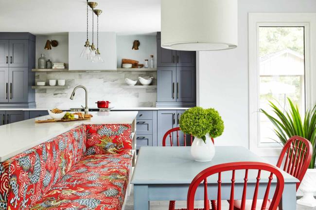 Red dragon fabric in a white kitchen