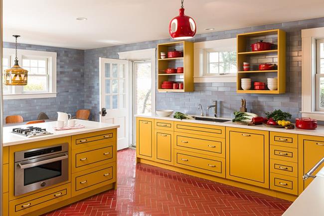 yellow, red and gray kitchen