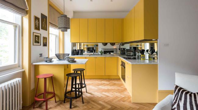 yellow modern farmhouse kitchen